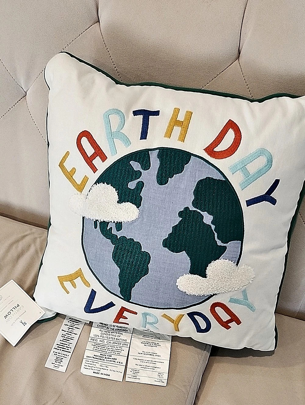 Pottery Barn Kids Earth Day Pillow Embroidered Accent Pillow Green & White NWT